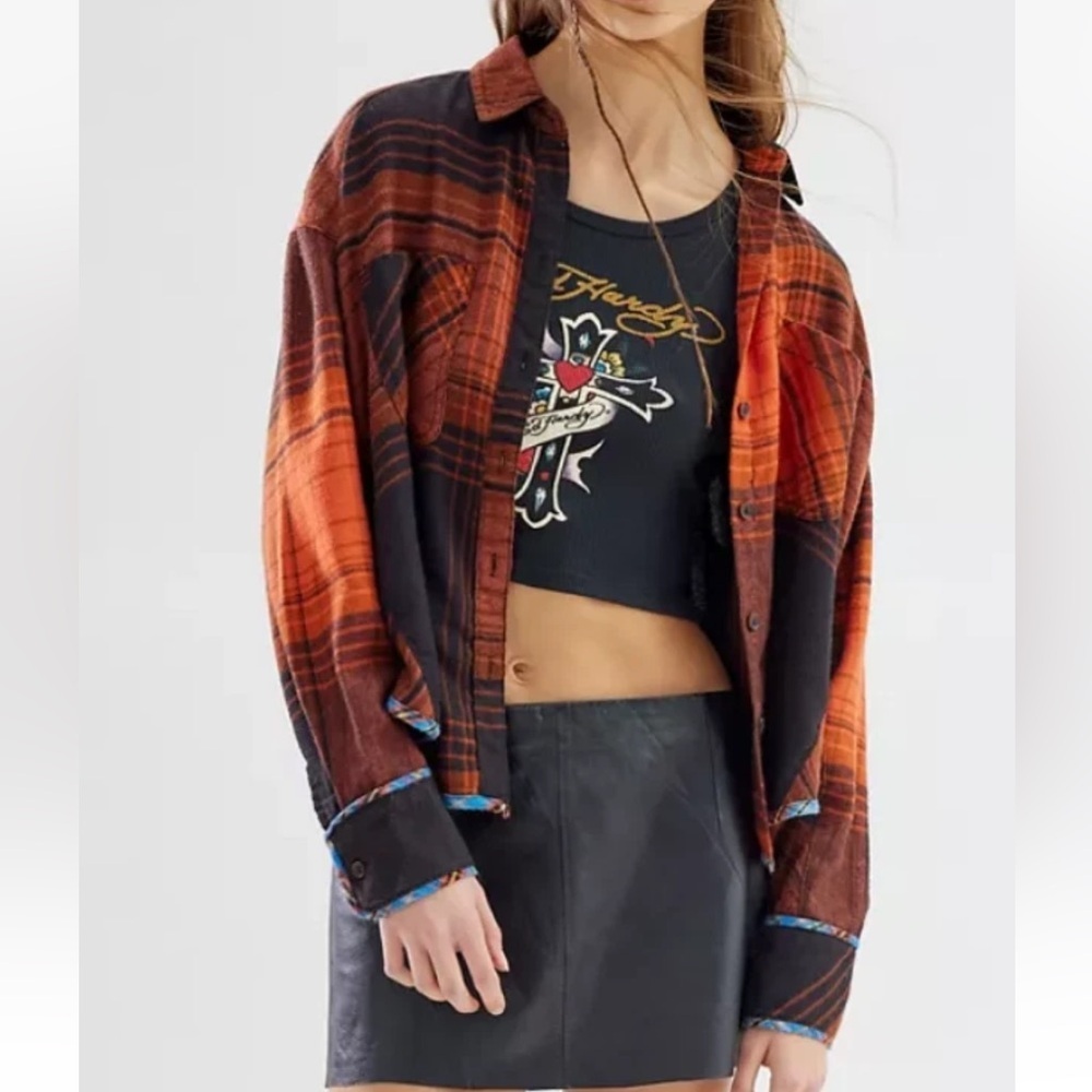 Urban Outfitters BDG Karl Slouchy Plaid Flannel Button Down Shirt Orange Black S